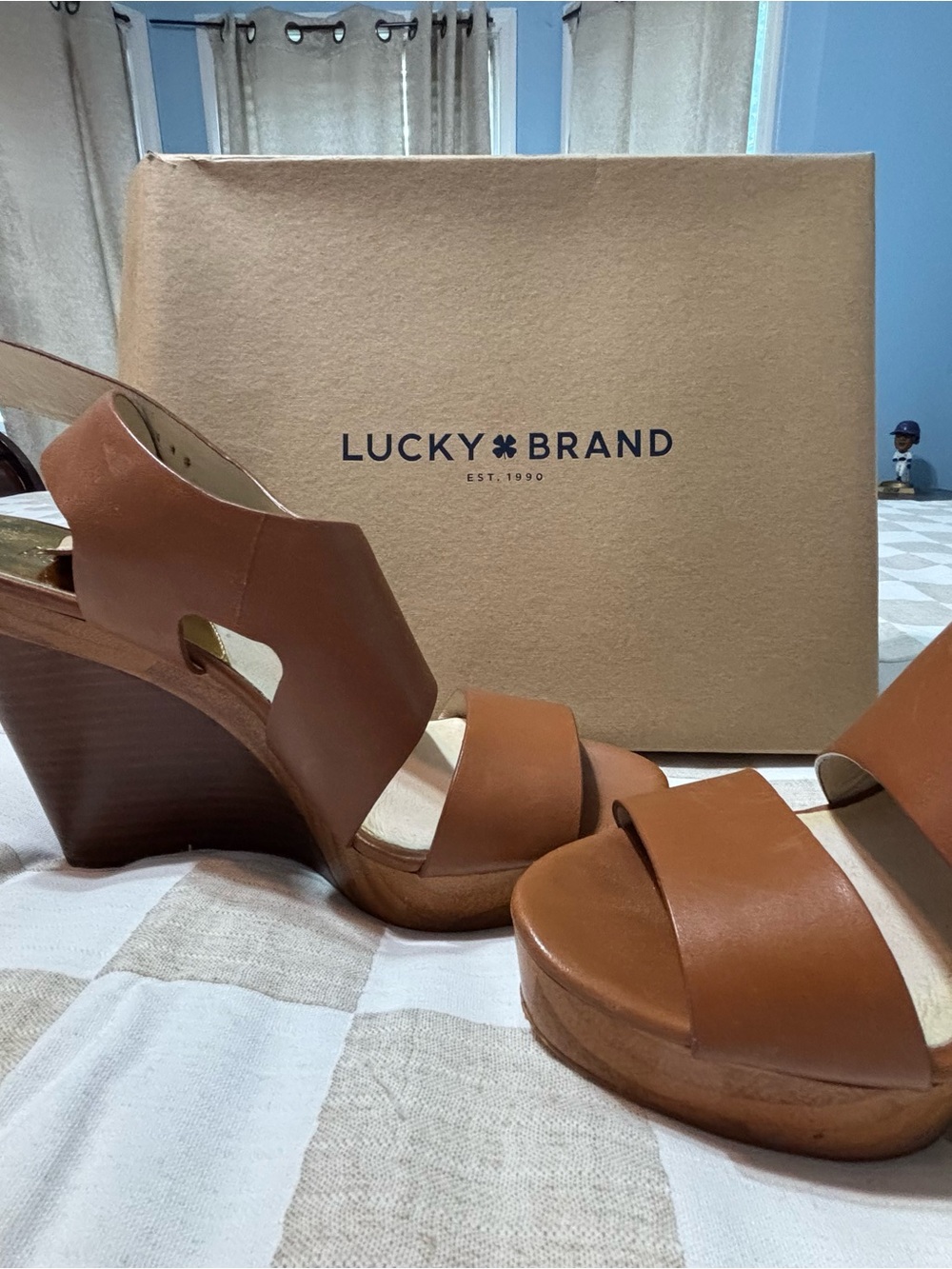 Lucky Brand Cognac Leather Platform Wedge Sandals